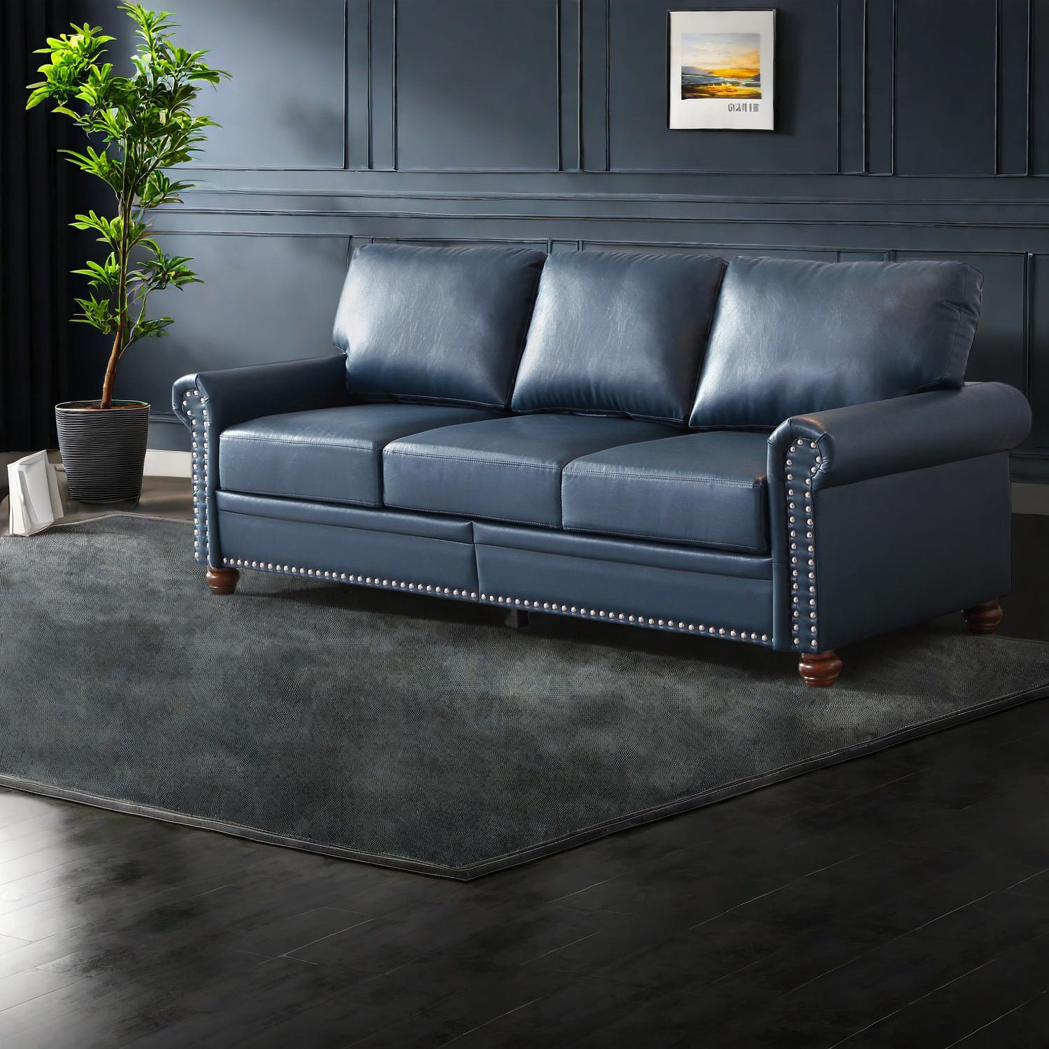Latitude Run® Navy Blue Faux Leather Sofa With Storage, Modern